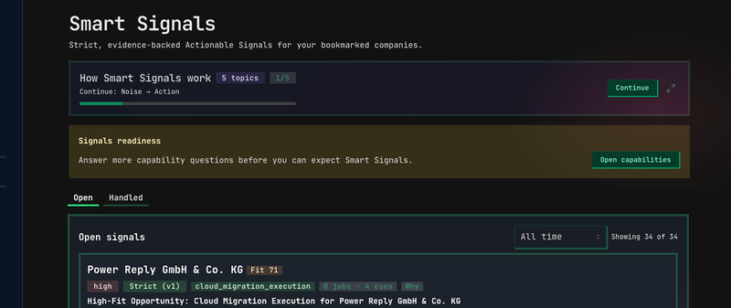 Wide dark Queast Smart Signals view showing the tutorial, capability readiness prompt, open and handled tabs, strict contract label, cue count, and rationale control