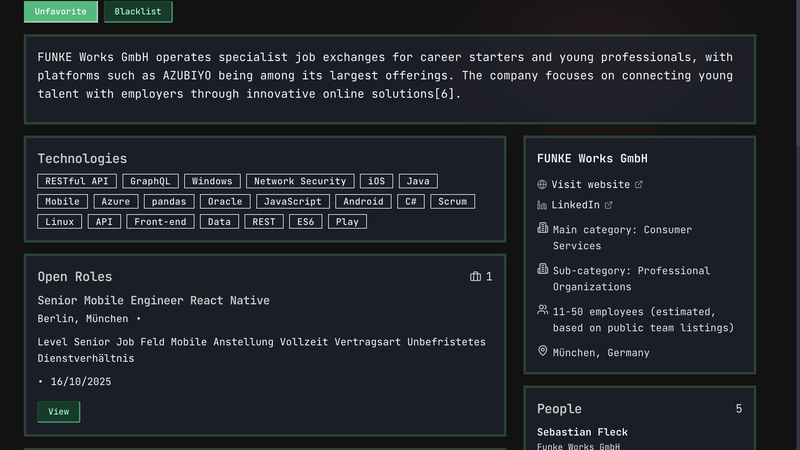 Dark Queast company view showing a profile, technologies, an open role, and visible people around one account