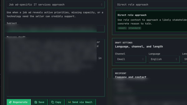 Anonymized dark Queast message composer showing a draft area, scenario and template choices, language, channel and length settings, plus regenerate, save, copy and Gmail action controls