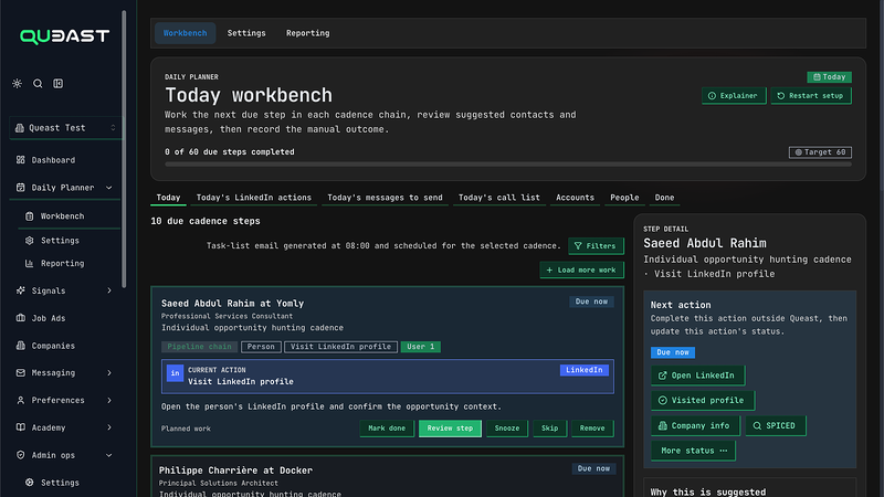 Queast Workbench showing job context and message generation controls